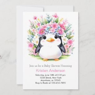 Niedlich Pink Floral Pinguin Wonderland Babydusche Einladung