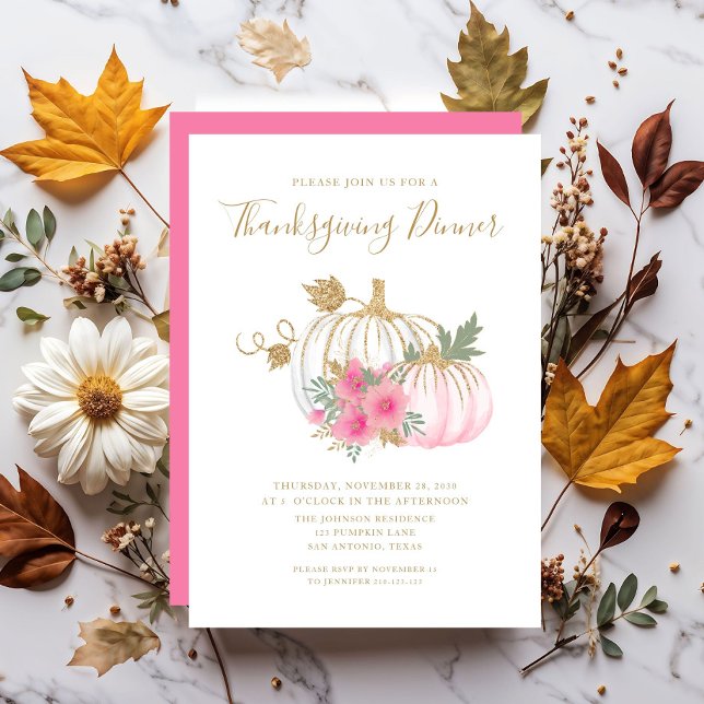 Niedlich Pink Floral Pumpkin Erntedank Dinner Einladung (Cute Pink Floral Pumpkin Thanksgiving Dinner Invitation)