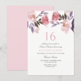 Niedlich Pink Floral Wasserfarbe Süß 16 Geburtstag Einladung