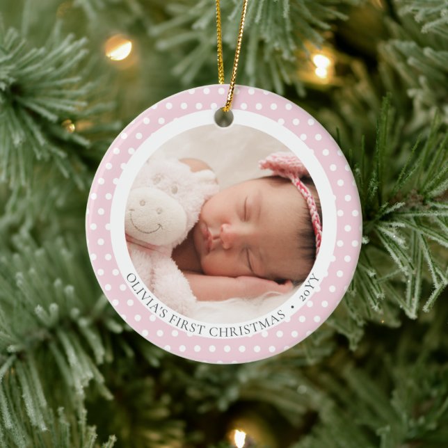 Niedlich Pink Foto Religious Baby's 1. Weihnachten Keramik Ornament (Baum)