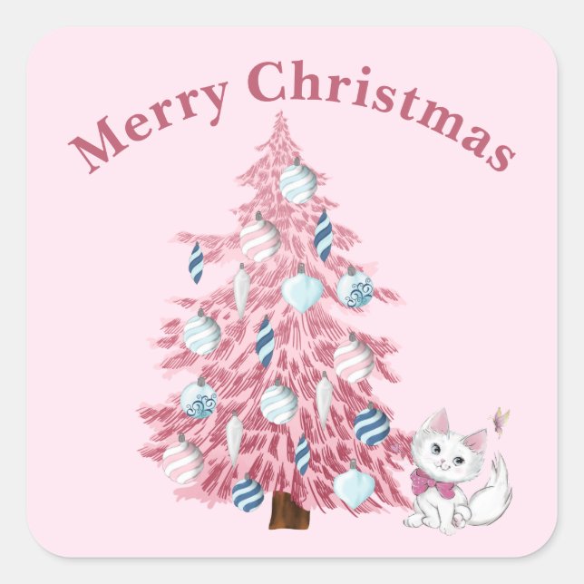 Niedlich Pink Frohe Weihnachtsbaum & Kitten Quadratischer Aufkleber (Vorderseite)