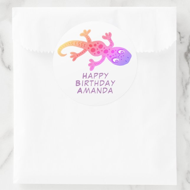 Niedlich Pink Gecko Lizard Rainbow Girls Geburtsta Runder Aufkleber (Tasche)
