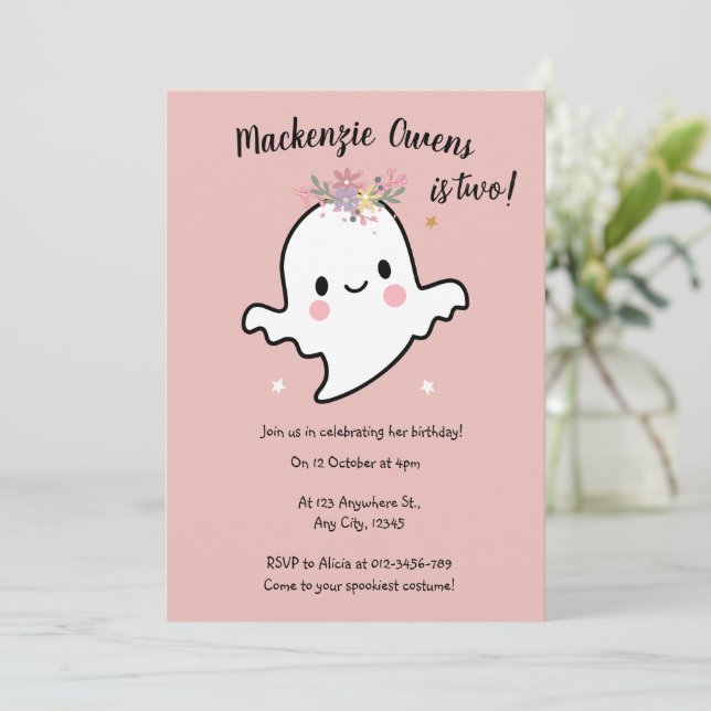 Niedlich Pink Ghost Birthday Einladung (Stehend Vorderseite)