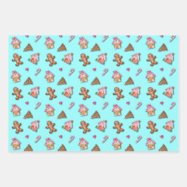 Niedlich Pink Gingerbread Mann Kekse, Häuser Geschenkpapier Set