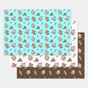 Niedlich Pink Gingerbread Mann Kekse, Häuser Geschenkpapier Set