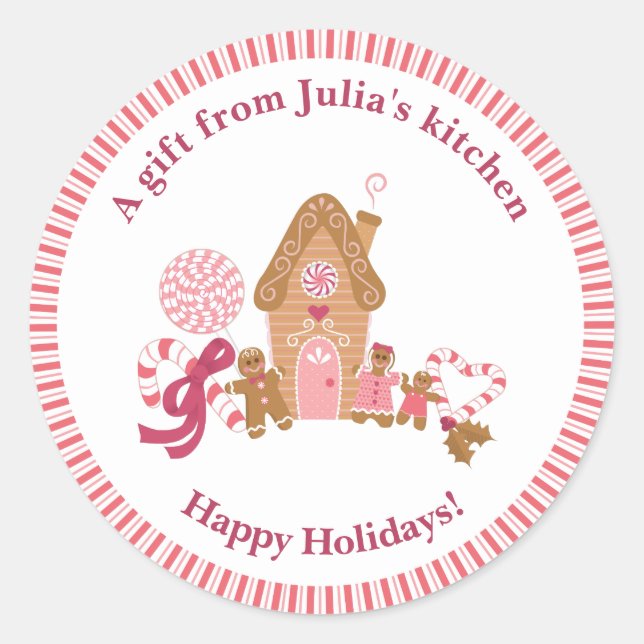 Niedlich Pink Gingerbrot House Candy Cane Kitchen  Runder Aufkleber (Vorderseite)