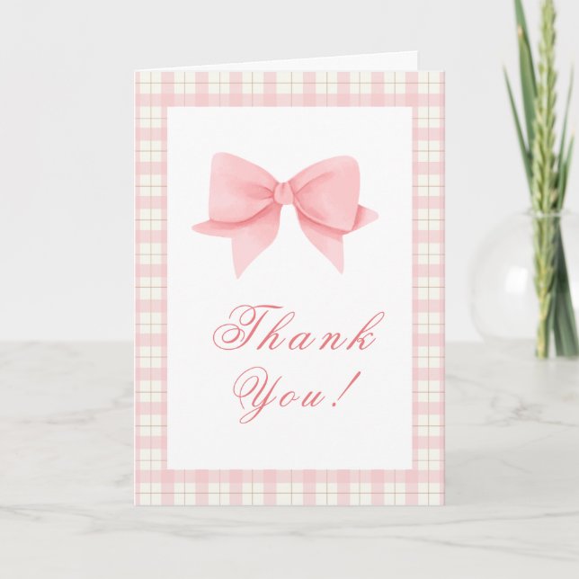 Niedlich Pink Gingham Kariert Bow Girl Baby Dusche Dankeskarte (Vorderseite)