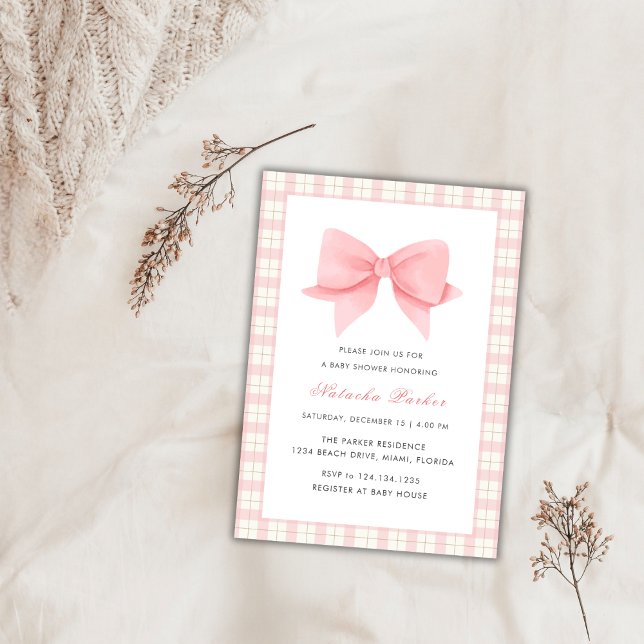 Niedlich Pink Gingham Kariert Bow Girl Baby Dusche Einladung (Cute Pink Gingham Plaid Bow Girl Baby Shower Invitation)