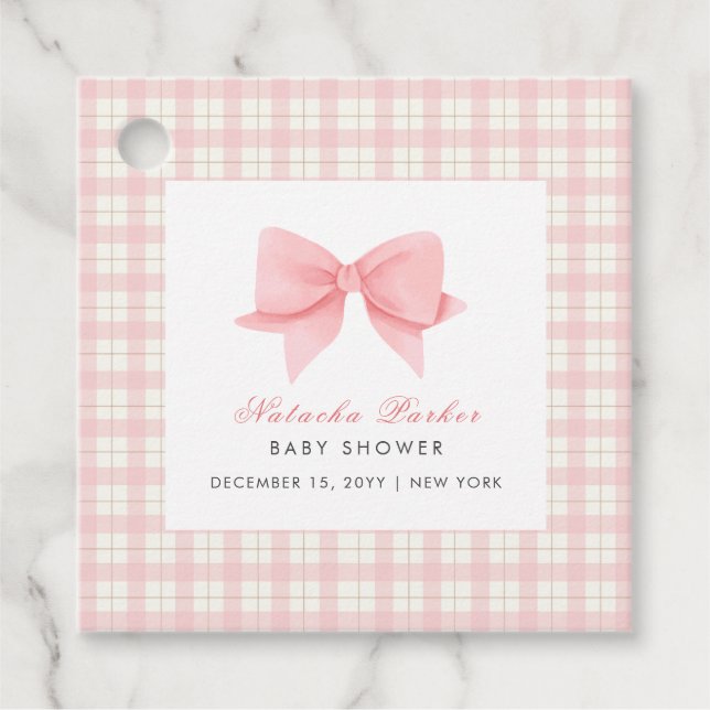 Niedlich Pink Gingham Kariert Bow Girl Baby Dusche Geschenkanhänger (Vorderseite)