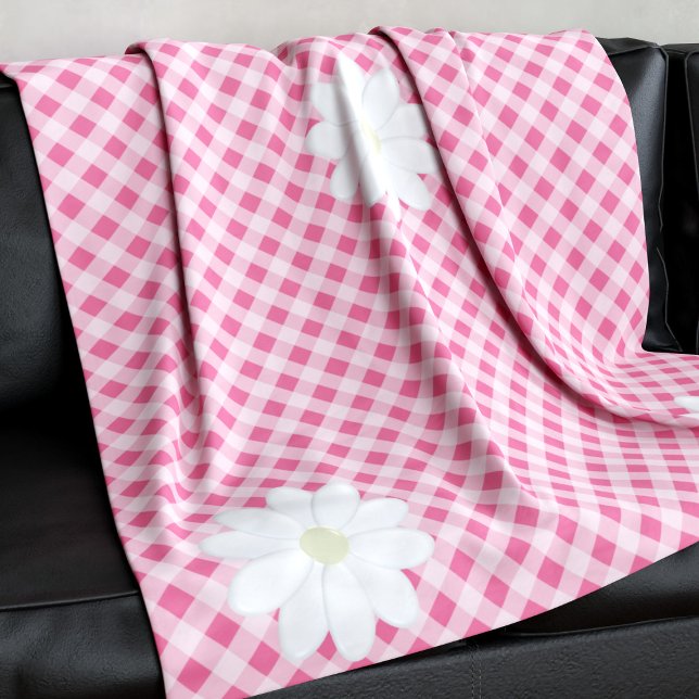 Niedlich Pink Gingham Karo Pattern Daisy Blume Fleecedecke (A cute pink gingham check fleece blanket with daisy flowers at the corners)