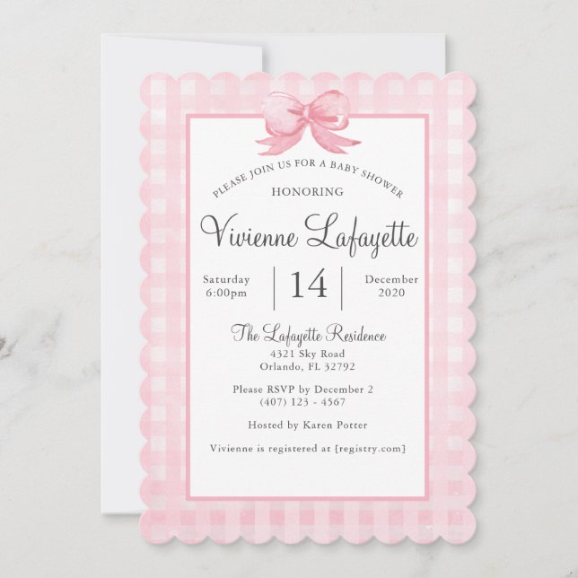 Niedlich Pink Gingham mit Bow Baby Shower Einladun Einladung (Vorderseite)