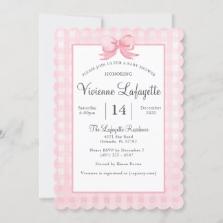 Niedlich Pink Gingham mit Bow Baby Shower Einladun Einladung