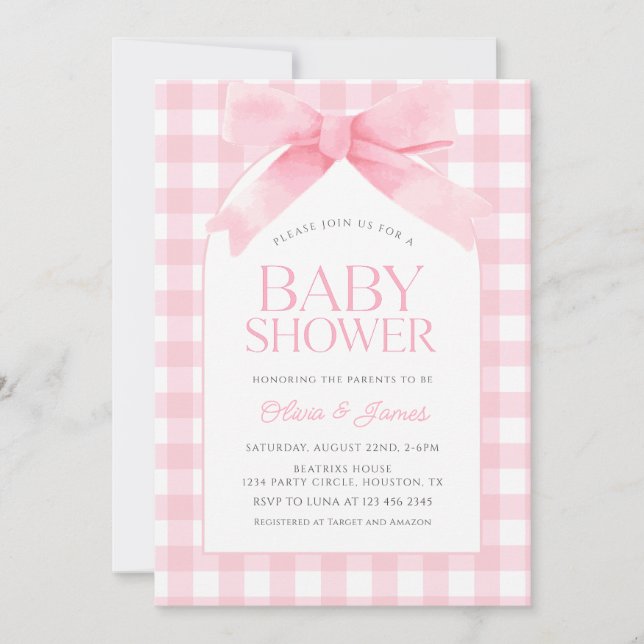 Niedlich Pink Gingham mit Bow Girl Baby Dusche Einladung (Vorderseite)