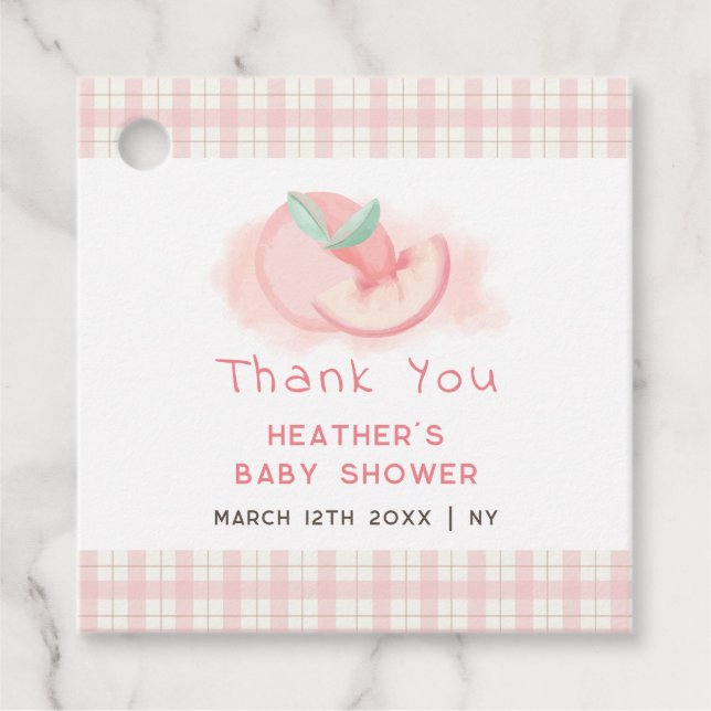 Niedlich Pink Gingham Peach Baby Dusche Danke Geschenkanhänger (Vorderseite)
