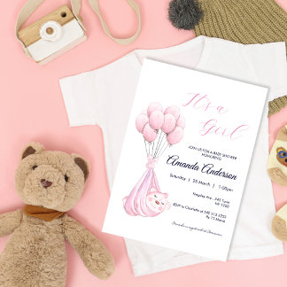 Niedlich Pink Girl Bear Balloon Kinderdusche Einla Einladung