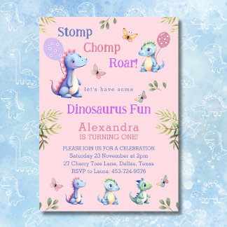 Niedlich Pink Girl Dinosaur 1. Geburtstag Party Einladung