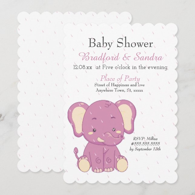 Niedlich Pink Girl Elephant Simple Baby Dusche Einladung (Vorne/Hinten)