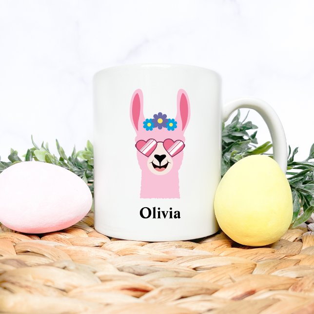 Niedlich Pink Girls Llama Personalize Name Kaffeetasse (Von Creator hochgeladen)