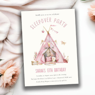 Niedlich Pink Girls Zelt Sleepover Wasserfarbe Geb Einladung