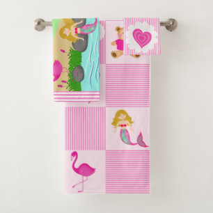 Niedlich Pink Girly Mermaid Farbenfroher Regenboge Badhandtuch Set