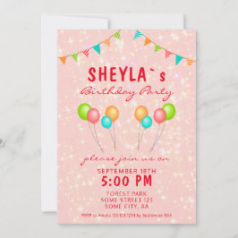 Niedlich Pink Glitzer Balloon Girl Birthday Party Einladung