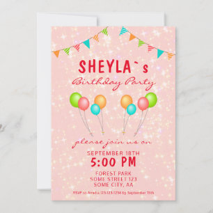 Niedlich Pink Glitzer Balloon Girl Birthday Party Einladung