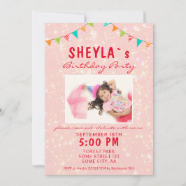 Niedlich Pink Glitzer Girly Birthday Party Foto Einladung