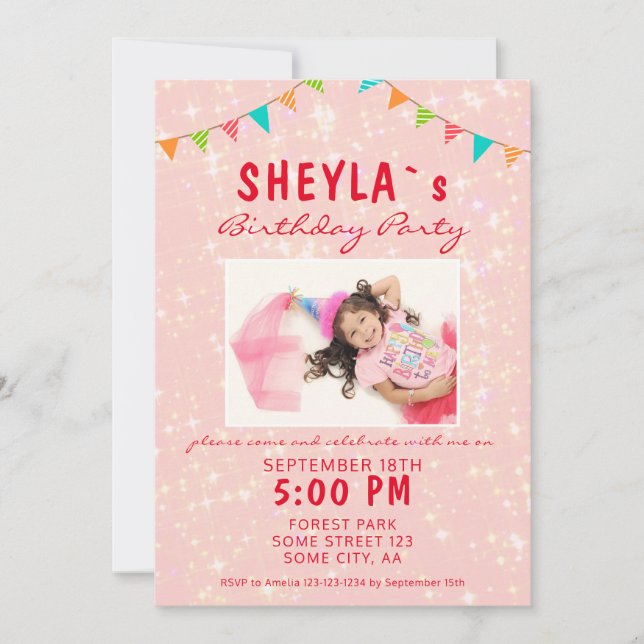 Niedlich Pink Glitzer Girly Birthday Party Foto Einladung (Vorderseite)
