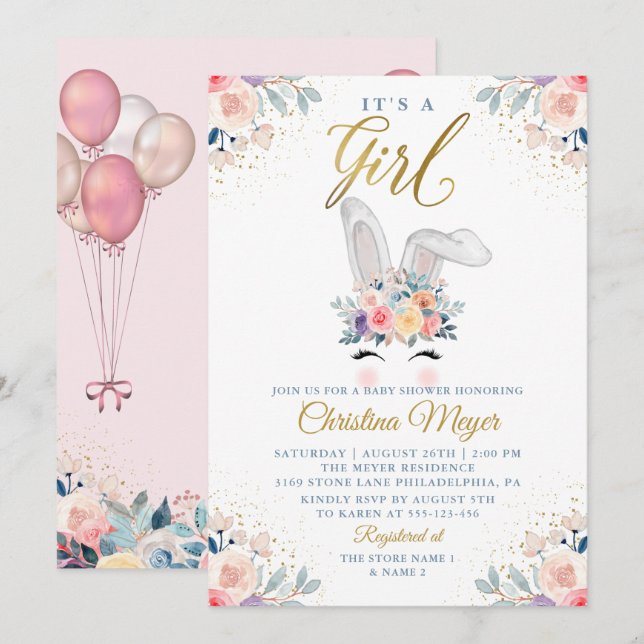 Niedlich Pink Gold Bunny Floral Balloon Babydusche Einladung (Vorne/Hinten)