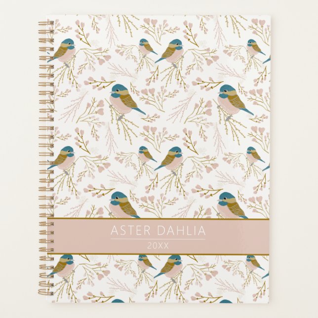 Niedlich Pink Gold Chickade Bird Floral Name Planer (Vorderseite)