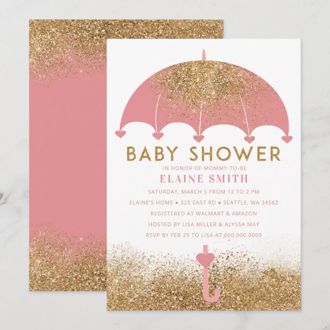 Niedlich Pink Gold Glitzer Umbrella Baby Dusche Einladung (Vorne/Hinten)