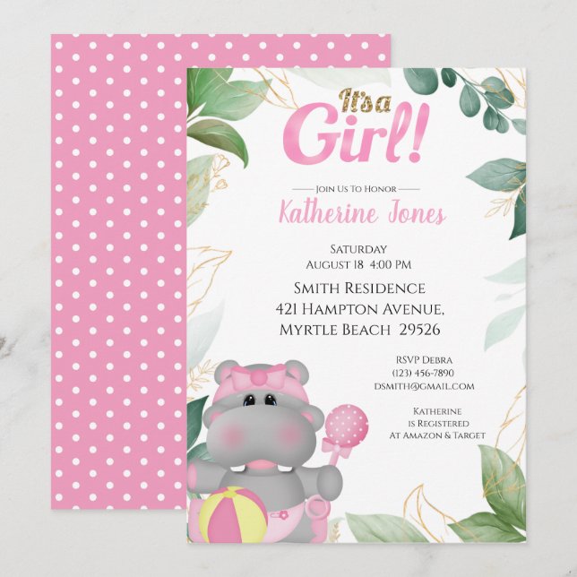 Niedlich Pink Gold Hippo Kinderdusche Einladung (Vorne/Hinten)