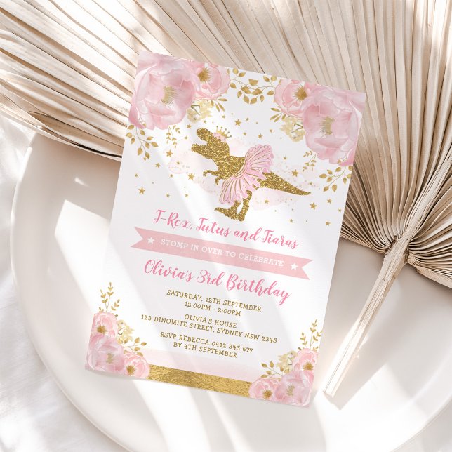Niedlich Pink Gold Princess Dinosaur Girl Geburtst Einladung (Von Creator hochgeladen)
