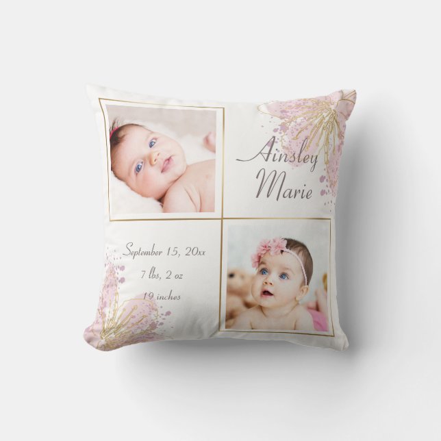 Niedlich Pink Gold Zwei Foto Baby Girl Birth Stats Kissen (Vorderseite)