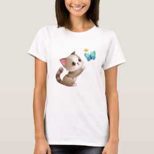 Niedlich Pink Gran Brown Cat Blue Butterfly Black  T-Shirt