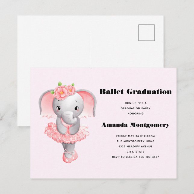 Niedlich Pink & Grau Elephant Ballerina Abschluss Einladungspostkarte (Vorne/Hinten)