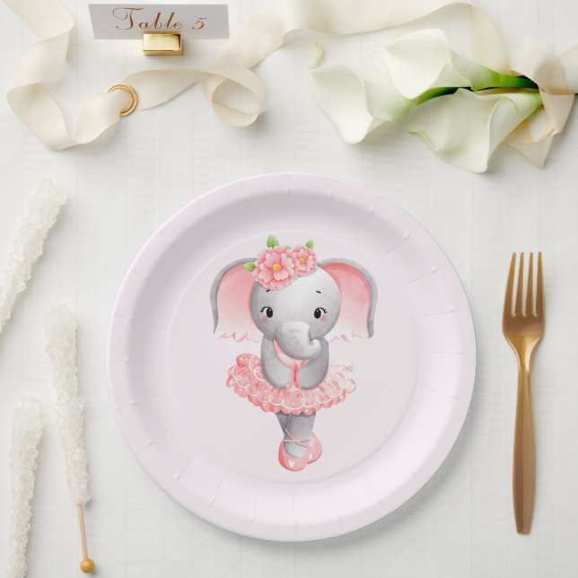 Niedlich Pink & Gray Elephant Ballerina Pappteller (Hochzeit)