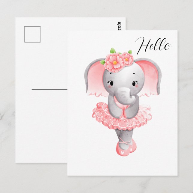 Niedlich Pink & Gray Elephant Ballerina Postkarte (Vorne/Hinten)