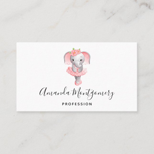 Niedlich Pink & Gray Elephant Ballerina Visitenkarte (Vorderseite)