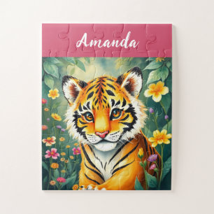 Niedlich Pink & Green Aquarell Tiger Kids Name