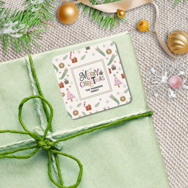 Niedlich Pink Green Doddle Frohe Weihnachten Quadratischer Aufkleber (Von Creator hochgeladen)