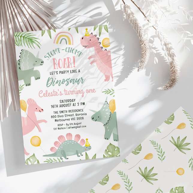 Niedlich Pink Green Girls Dinosaur 1. Geburtstag Einladung (Pink Party Like Dinosaur 1st Birthday Invitation Girl, Stomp Chomp Roar Dino Birthday Invitation)
