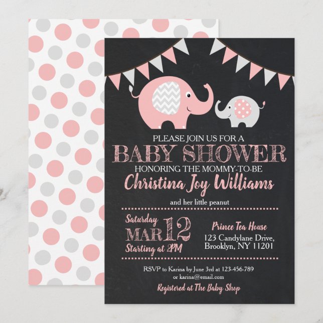 Niedlich Pink Grey Elephant Baby Dusche Einladung (Vorne/Hinten)