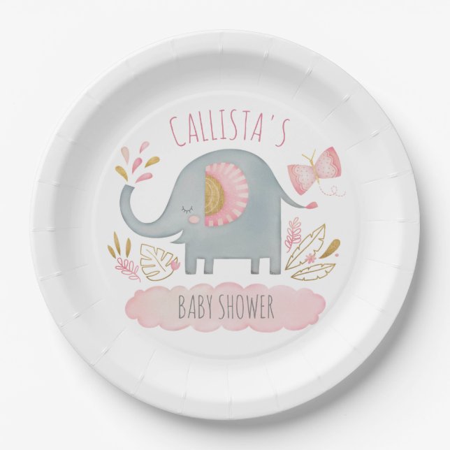 Niedlich Pink Grey Elephant Girl Babydusche Pappteller (Vorderseite)