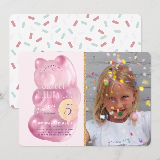 Niedlich Pink Gummy Bear Sweet Candy Foto Geburtst Einladung (Vorne/Hinten)