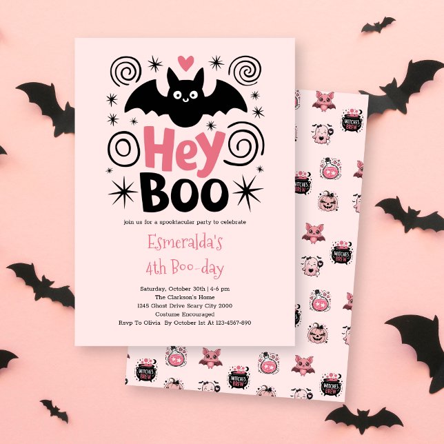 Niedlich Pink Halloween Boo Bat Geburtstag Einladung (Von Creator hochgeladen)