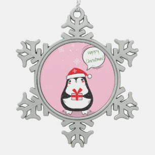 Niedlich Pink Happy Christmas Pinguin Schneeflocken Zinn-Ornament