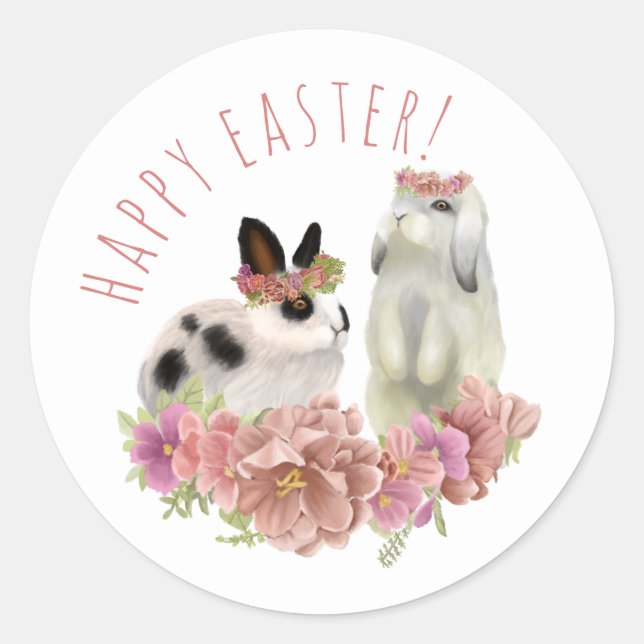 Niedlich Pink Happy Osterfrühling Bunny Rabbits Runder Aufkleber (Vorderseite)