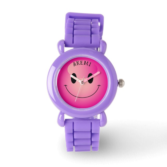 Niedlich Pink Harajuku lächelnd Emoji Face Armbanduhr (Vorderseite)