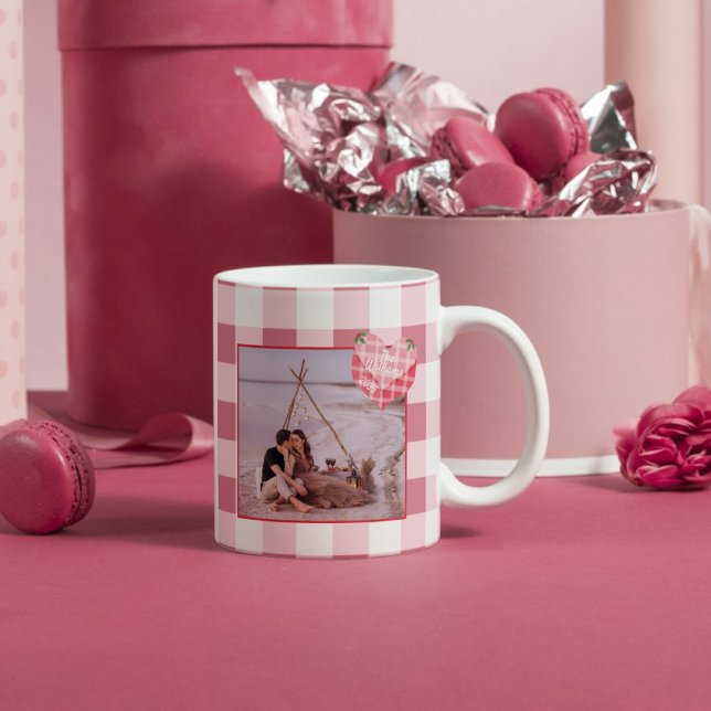 Niedlich Pink Heart Gingham Custom Foto Christmas Kaffeetasse (Von Creator hochgeladen)